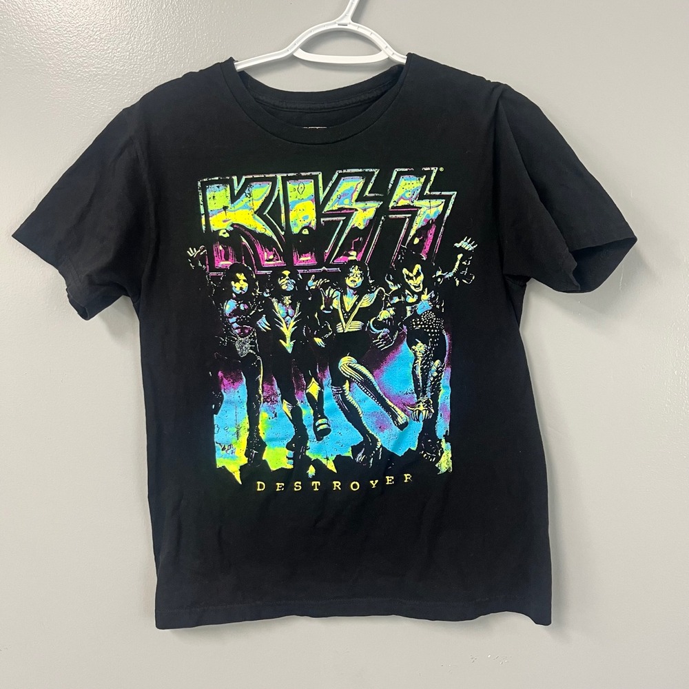 KISS Destroyer Graphic T-Shirt Mens Small Black Neon Band Tee Mad Engine 34/36